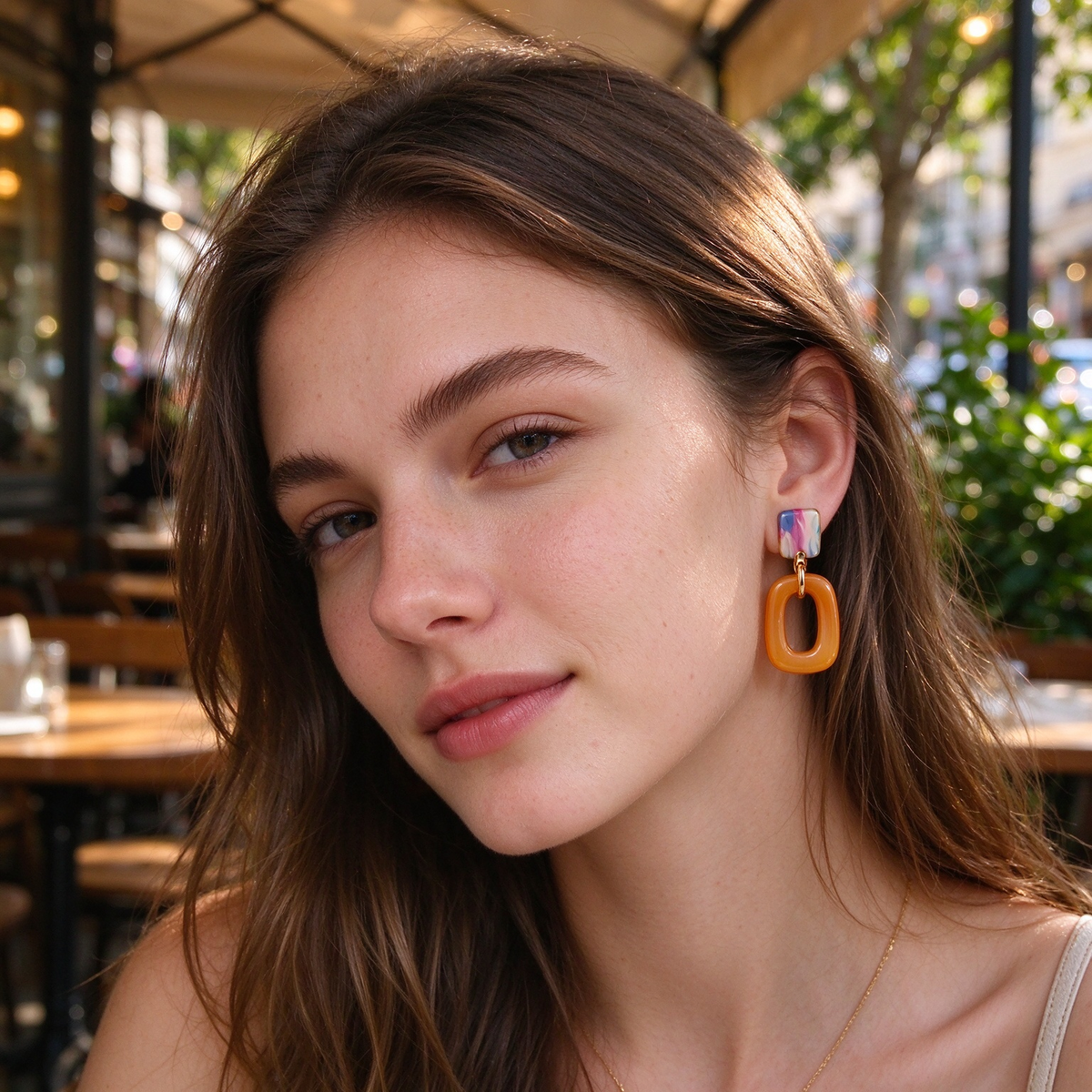 Marbled Resin Orange Oval Link Earrings