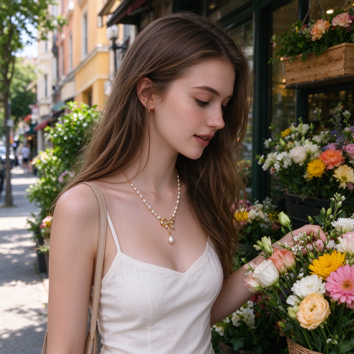 Gold Bow Pearl Strand Necklace