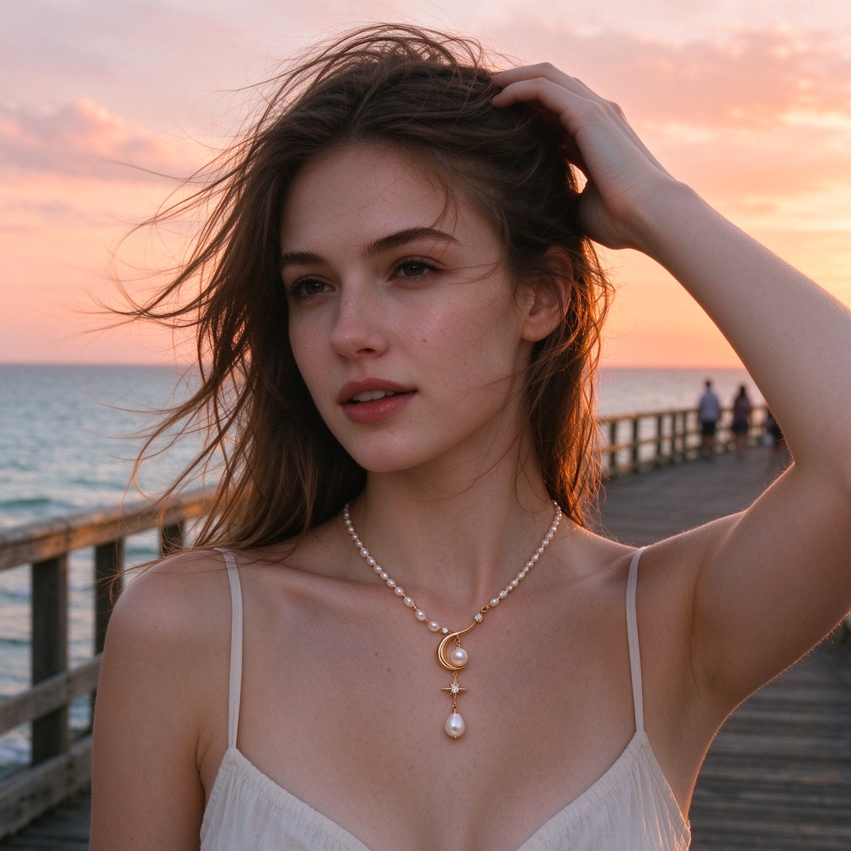 Crescent Moon Star Drop Pearl Strand Necklace