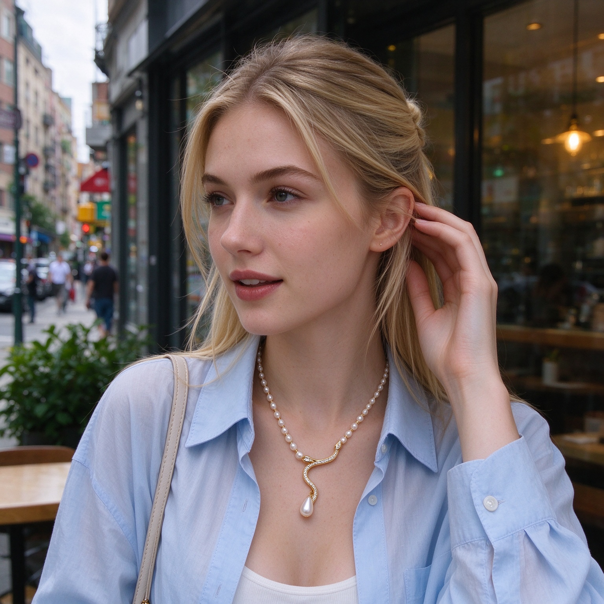 Gold Snake Inlaid Crystal Pearl Strand Necklace