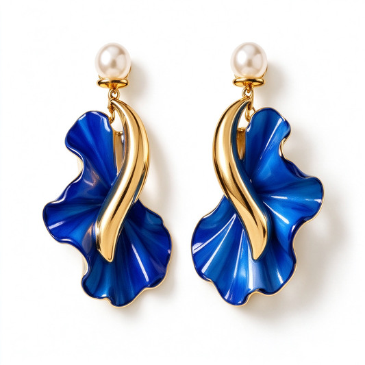 Blue Enamel Ginkgo Leaf Pearl Dangle Earrings