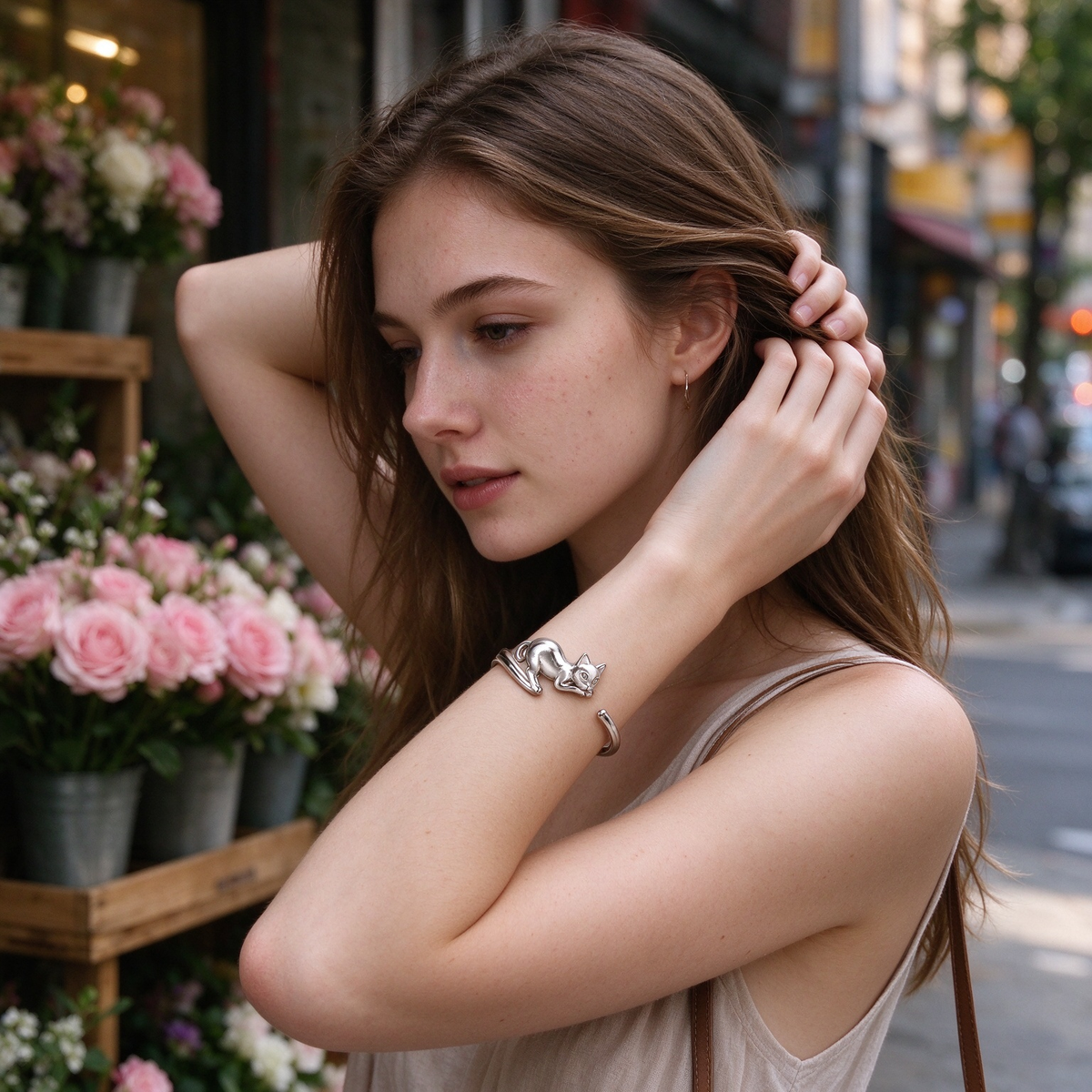Silver Cat Open Cuff Bracelet