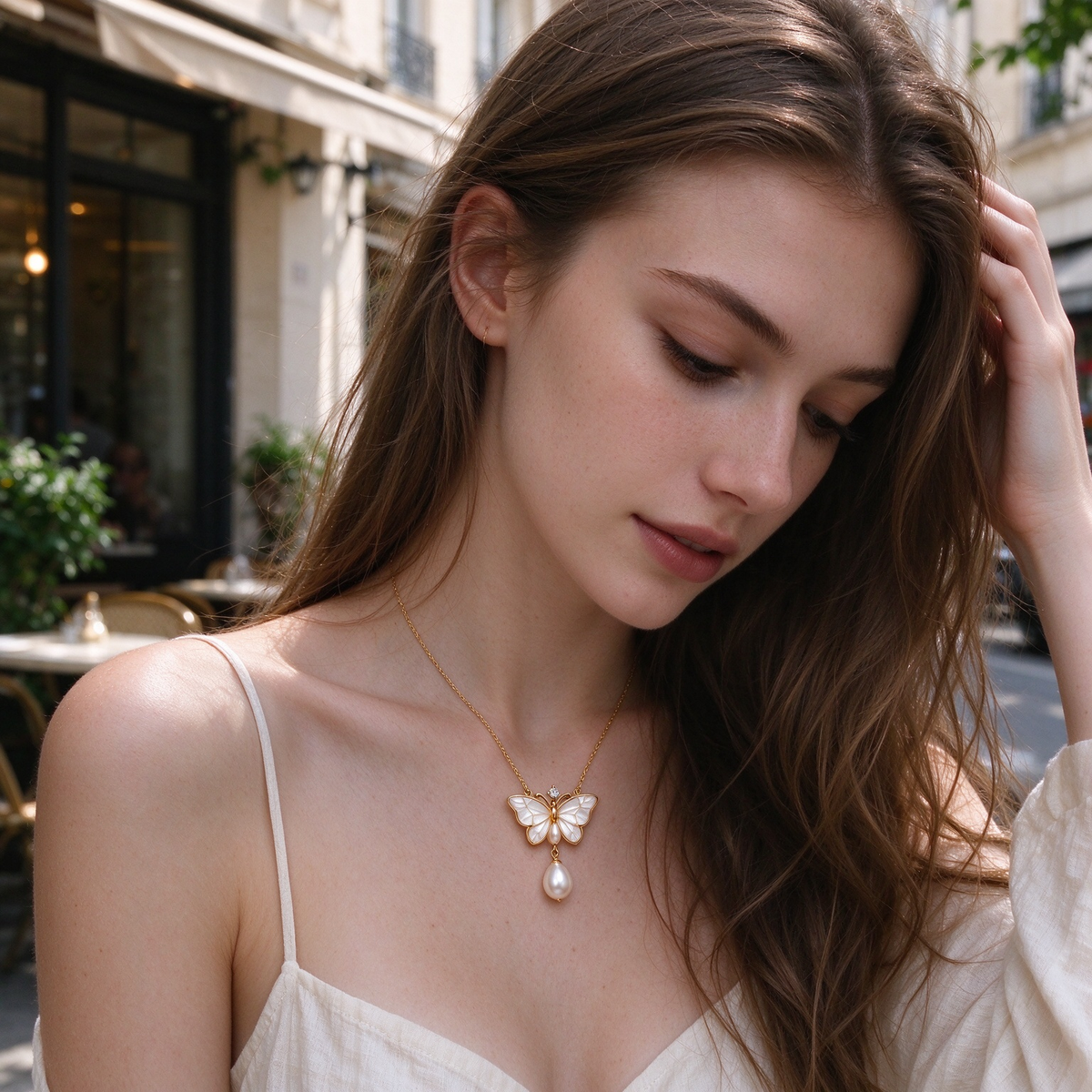 Mother Of Pearl Butterfly Double Pearl Necklace