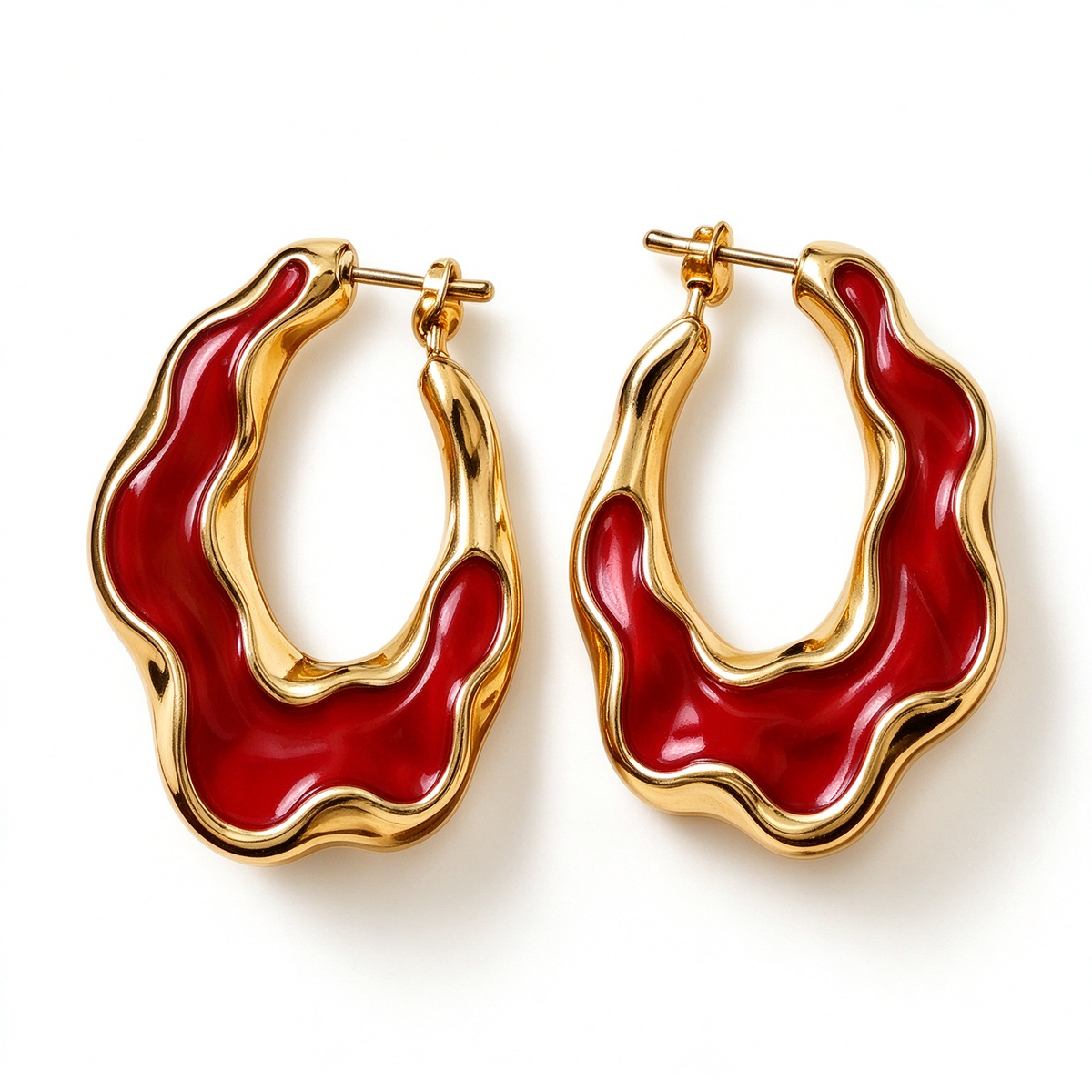 Red Enamel Wavy Gold Hoop Earrings