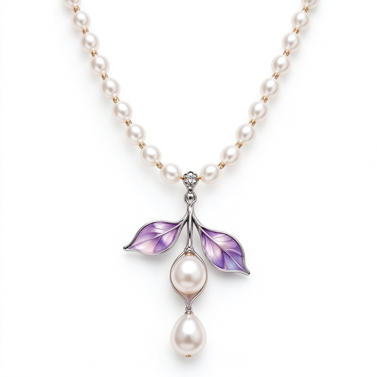 Purple Enamel Leaf Pearl Strand Necklace