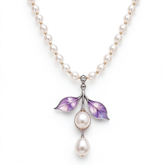 Purple Enamel Leaf Pearl Strand Necklace
