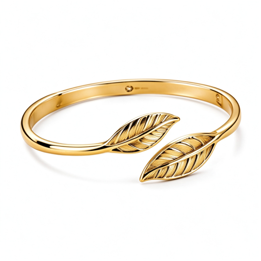 Gold Double Leaf Open Cuff Bracelet
