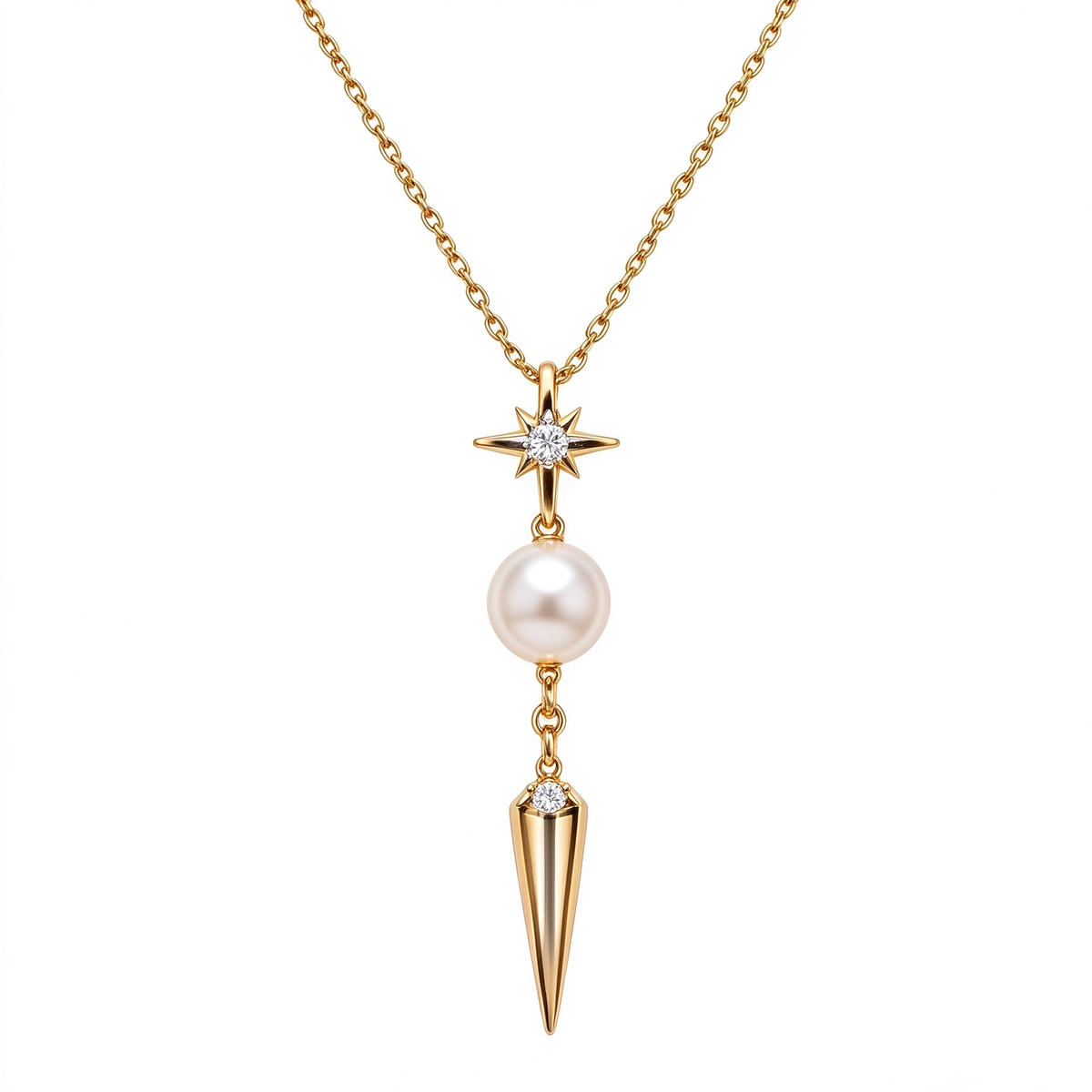 Star Spike Drop Pearl Gold Necklace