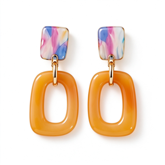 Marbled Resin Orange Oval Link Earrings