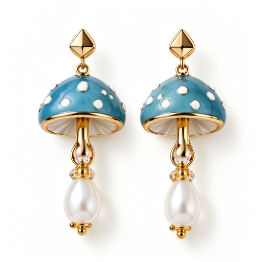 Blue Polka Dot Mushroom Pearl Drop Earrings