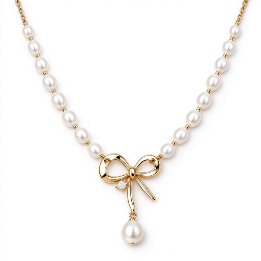 Gold Bow Pearl Strand Necklace