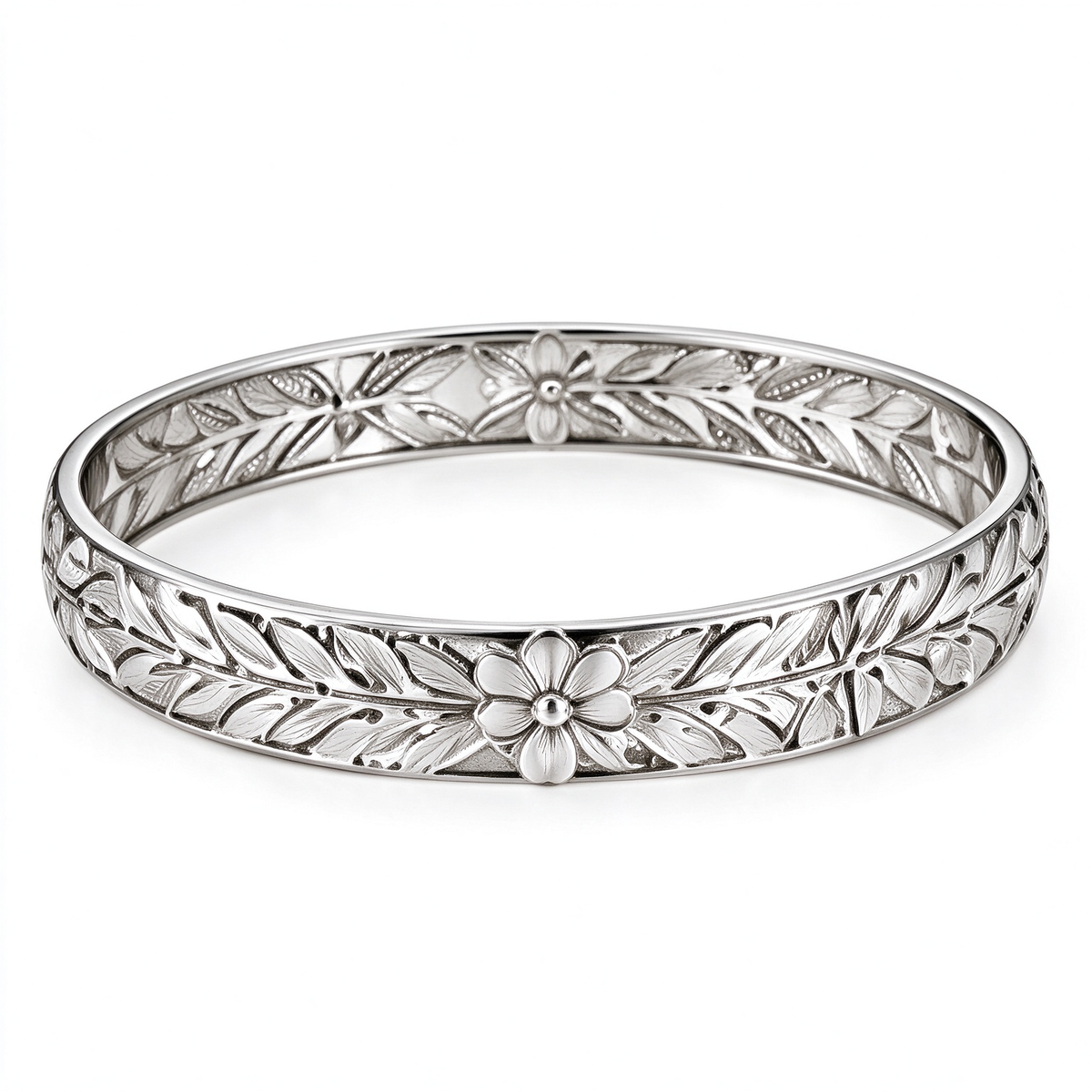 Silver Floral Leaf Carved Bangle