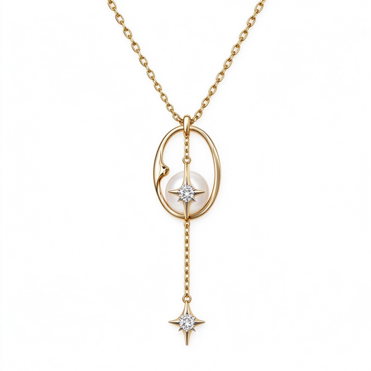 Oval Frame Y Shape Star Pearl Necklace