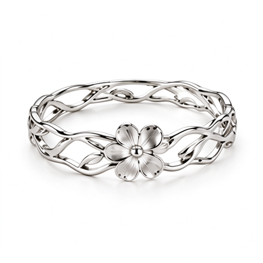 Silver Twisted Branch Floral Open Bangle