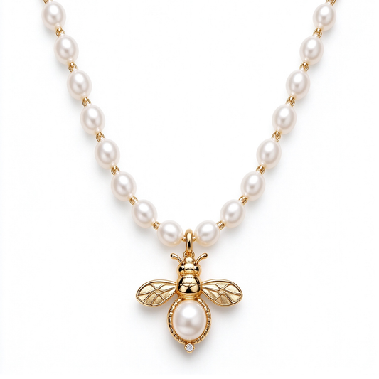 Gold Bee Charm Pearl Strand Necklace