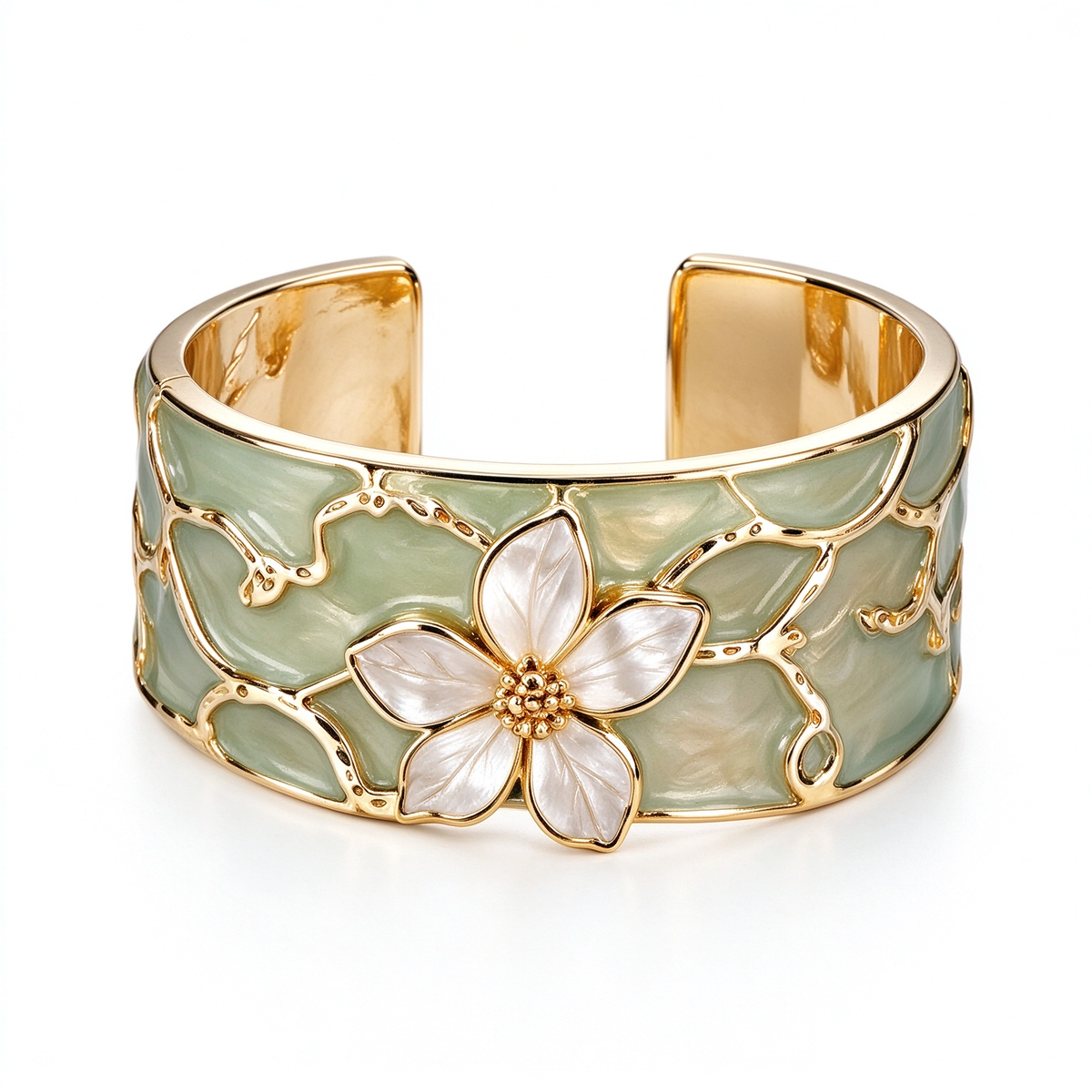 Green Enamel Flower Cuff Bangle