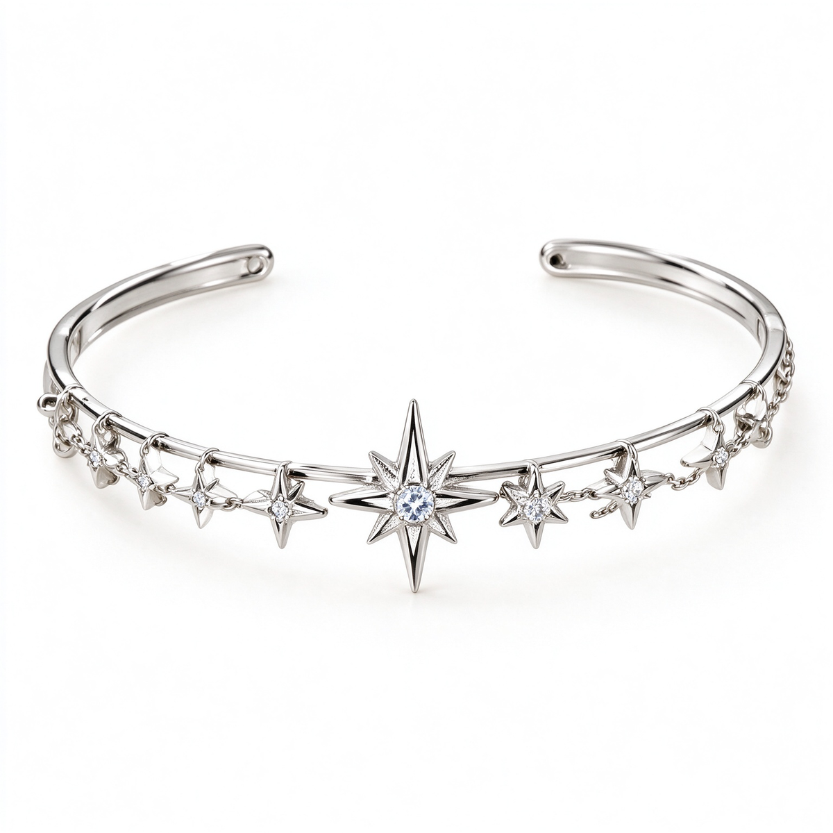 Silver Multi Star Charm Open Cuff Bracelet