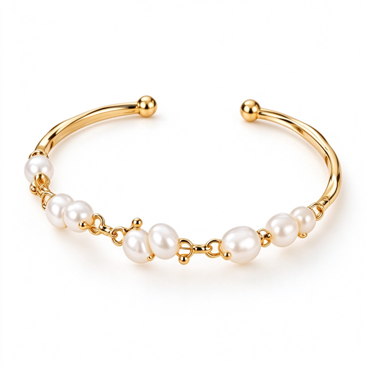 Gold Linked Pearl Open Cuff Bracelet