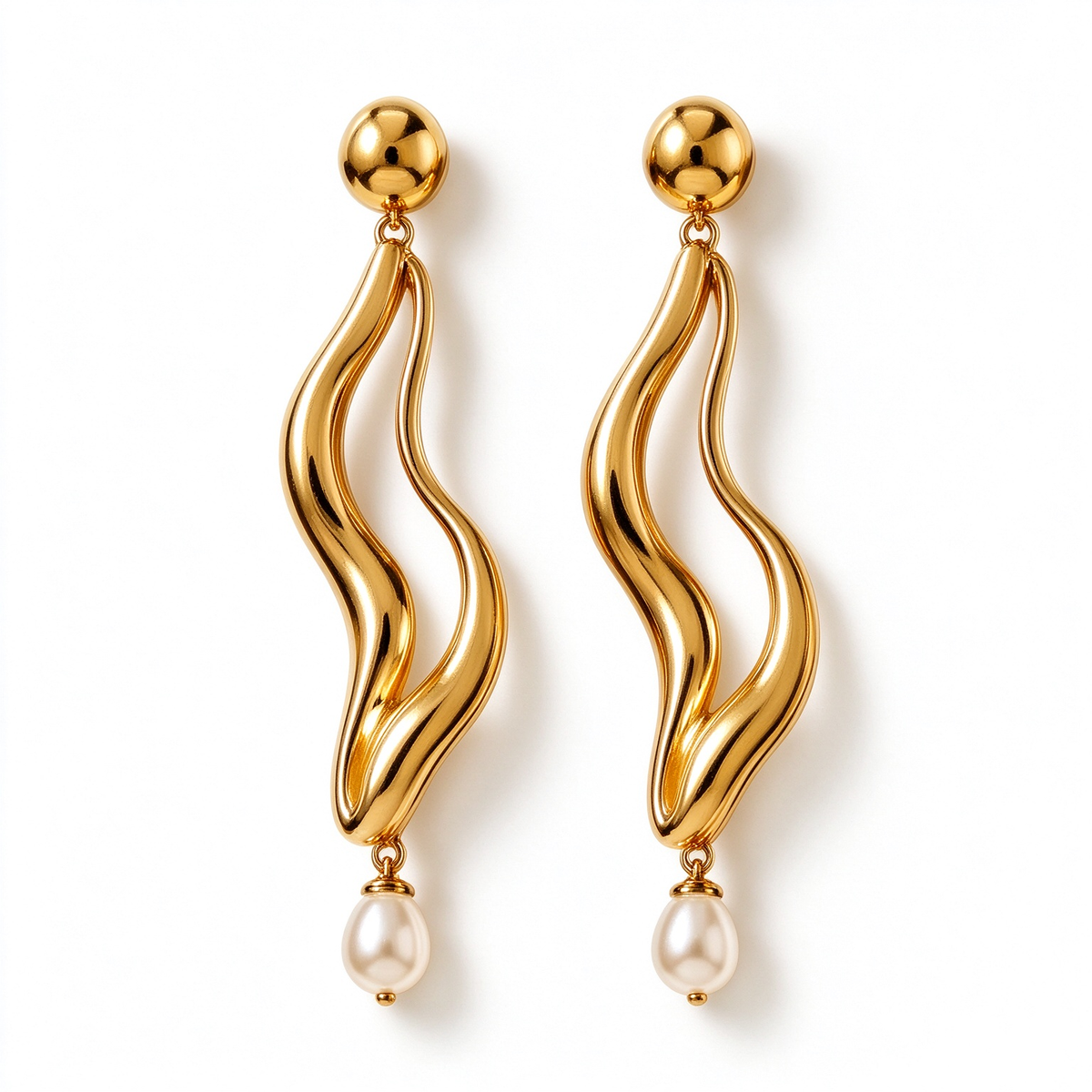 Double Wave Gold Baroque Pearl Dangle Earrings