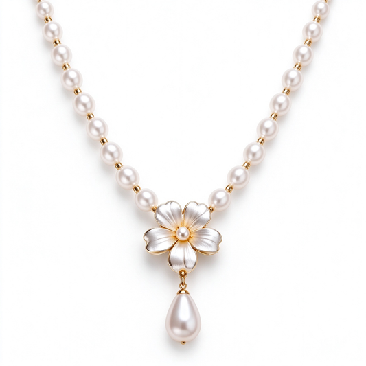Gold Flower Teardrop Pearl Necklace
