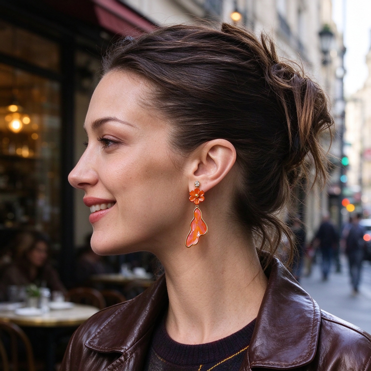 Orange Flower Wavy Resin Drop Earrings