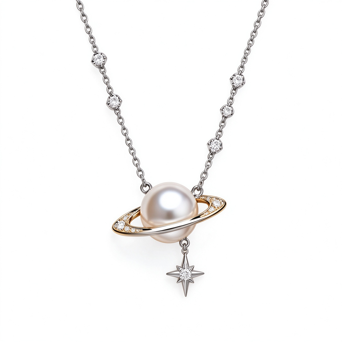 Saturn Planet Star Pearl Pendant Necklace