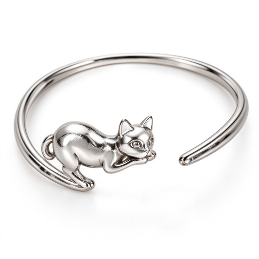 Silver Cat Open Cuff Bracelet