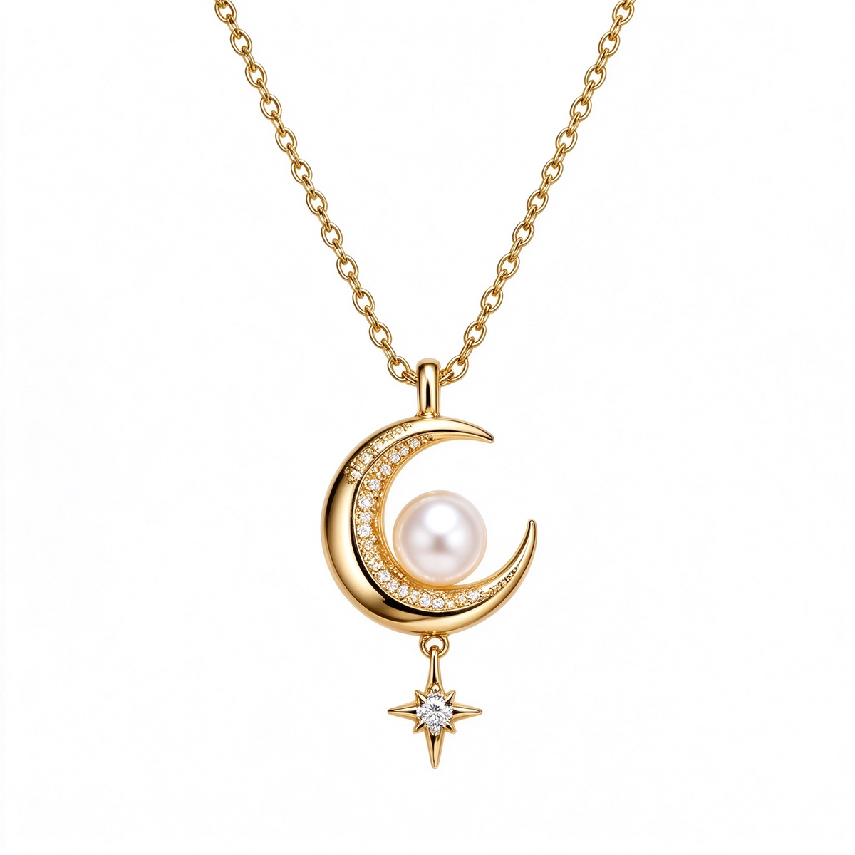 Gold Crescent Moon Star Pearl Necklace
