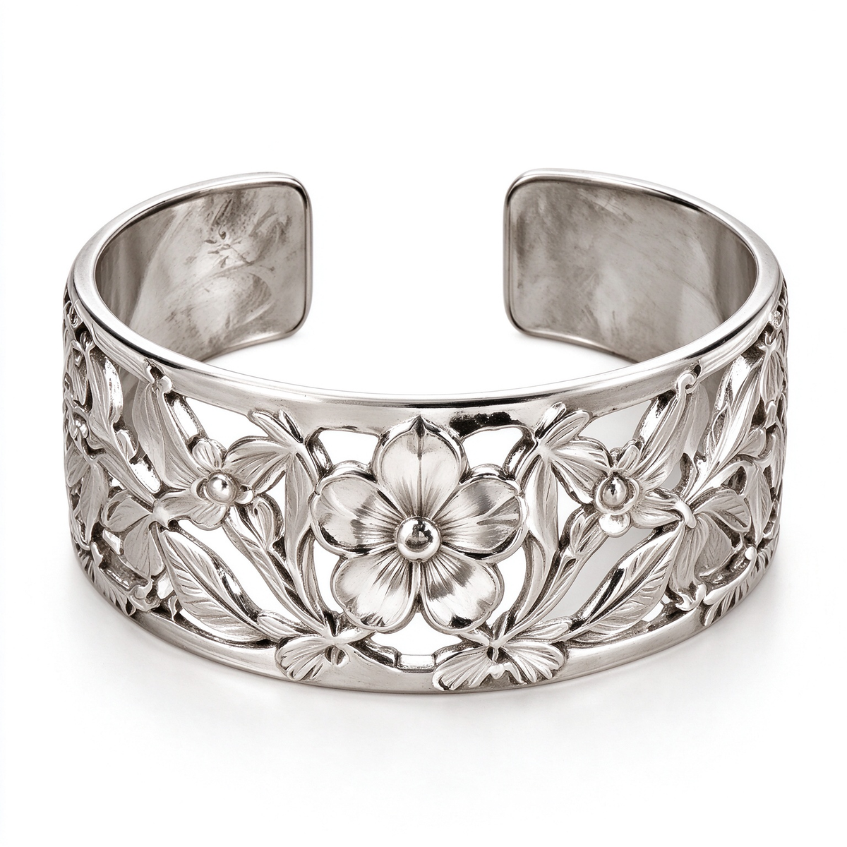 Silver Carved Floral Wide Cuff