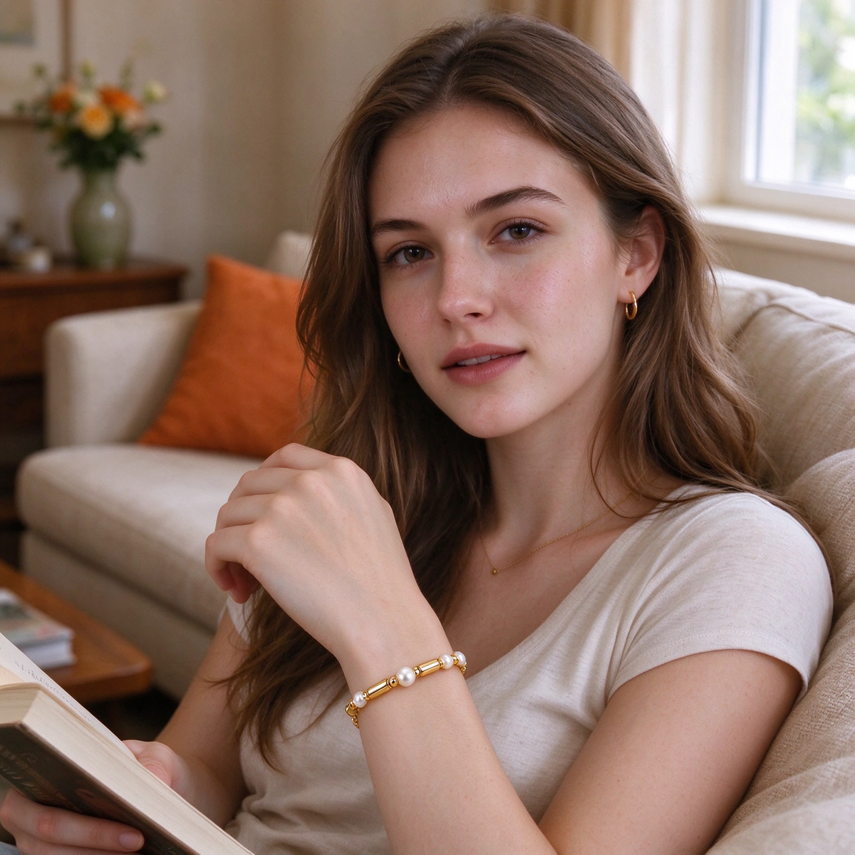 Gold Tube Pearl Beaded Bracelet
