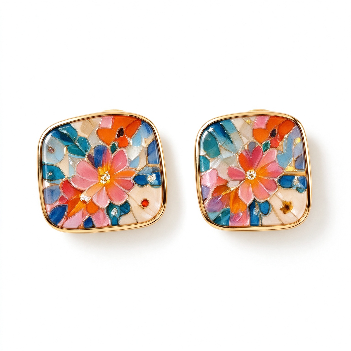 Square Mosaic Floral Stud Earrings