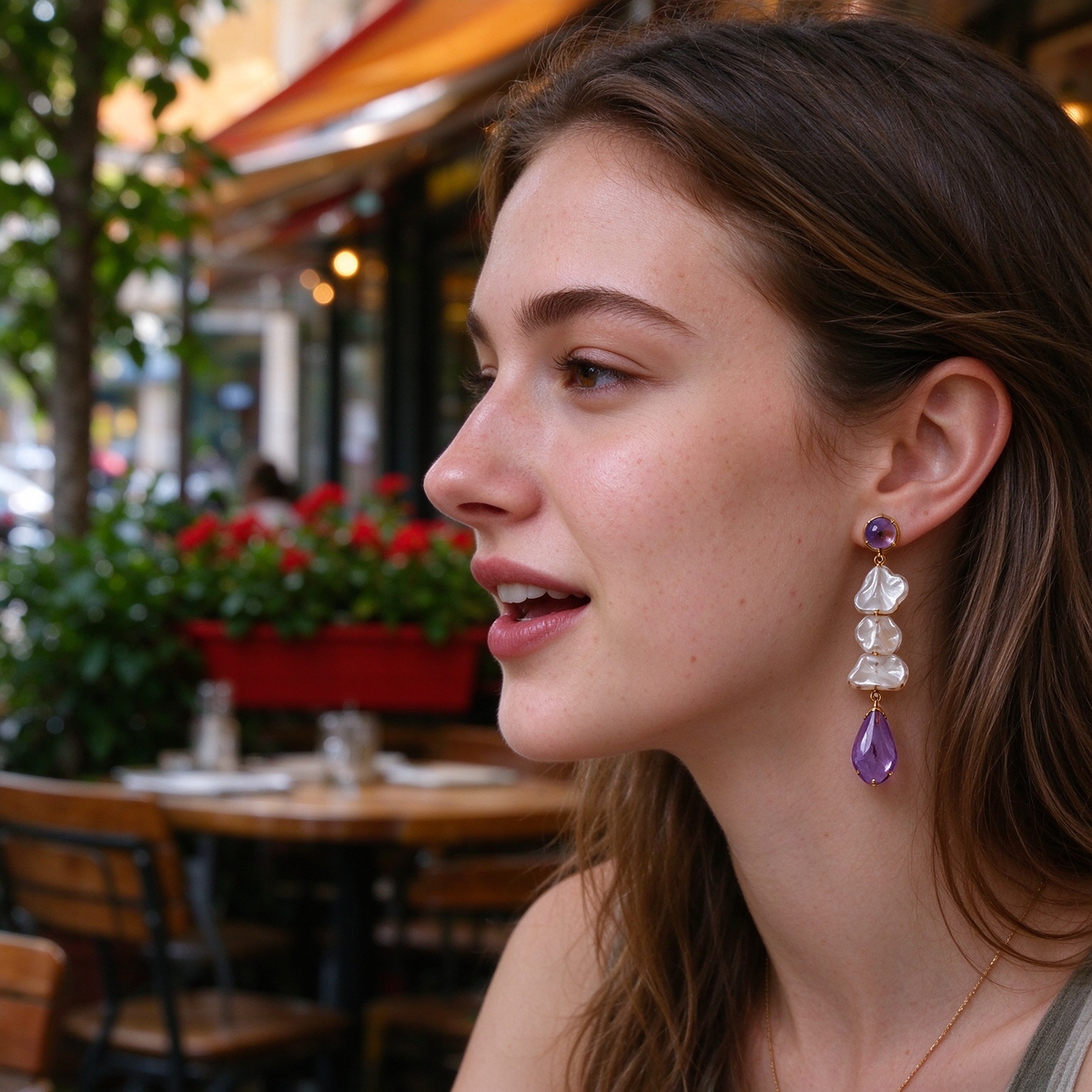 Clear Petal Amethyst Long Drop Earrings
