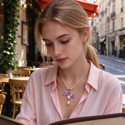 Purple Enamel Leaf Pearl Strand Necklace