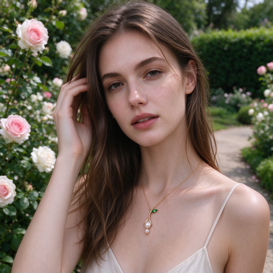 Gold Tulip Stem Emerald Pearl Necklace