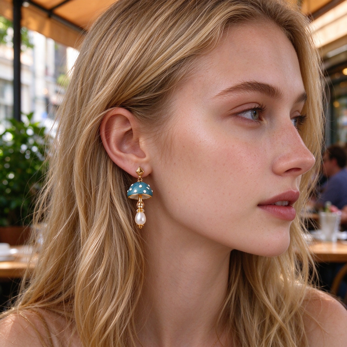 Blue Polka Dot Mushroom Pearl Drop Earrings