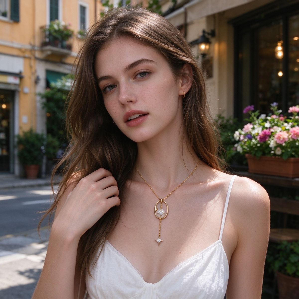 Oval Frame Y Shape Star Pearl Necklace