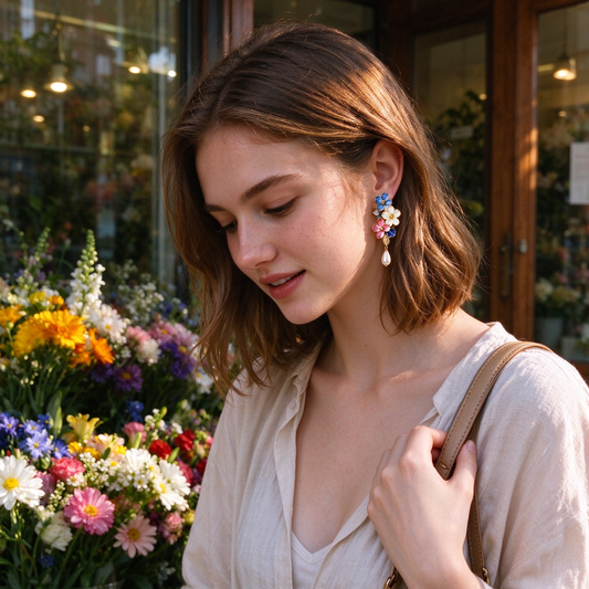 Multicolor Floral Cluster Pearl Drop Earrings