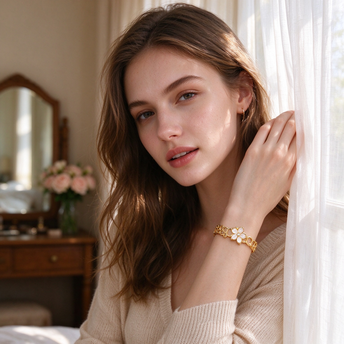 Gold Honeycomb Floral Open Cuff Bracelet