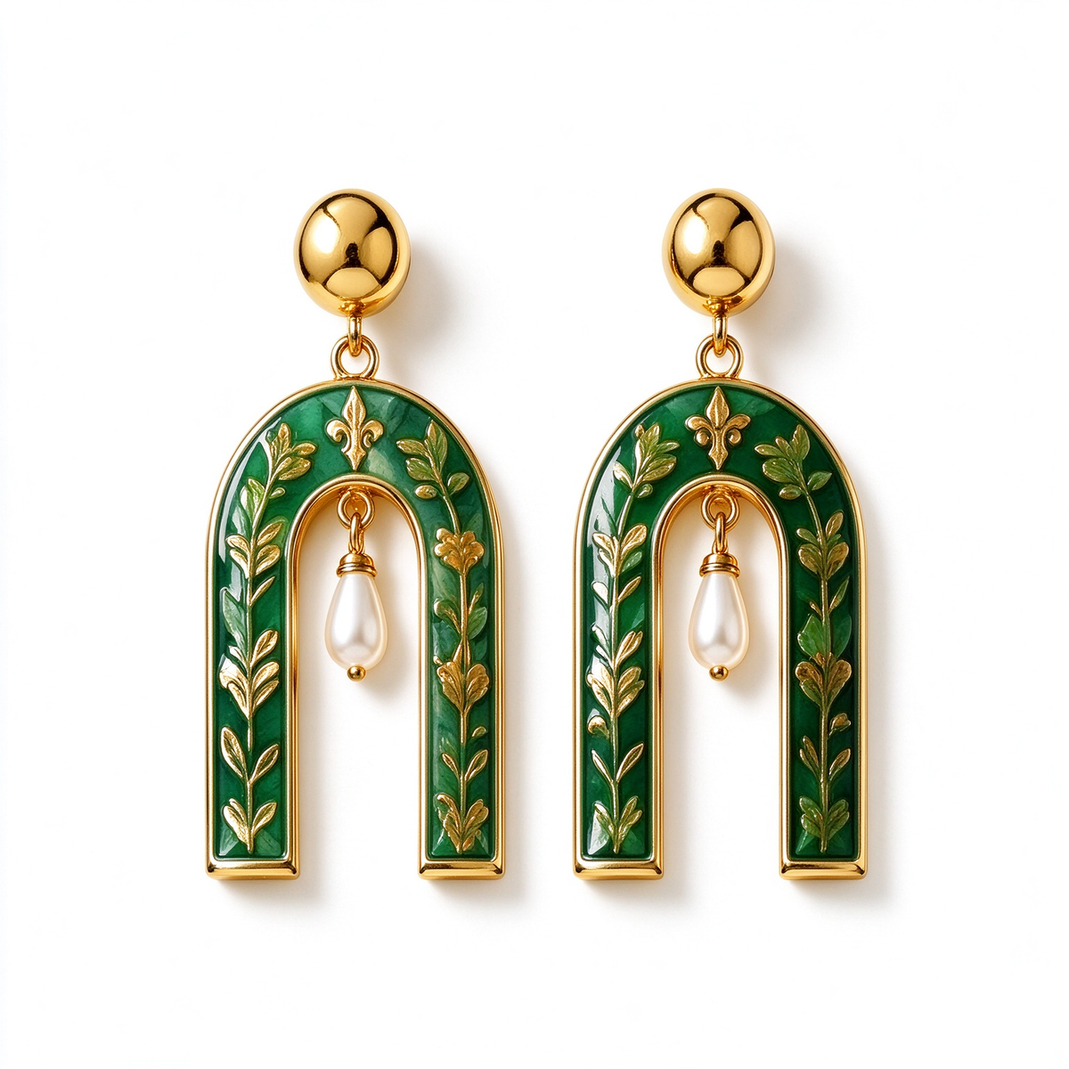 Vintage Arch Green Enamel Pearl Drop Earrings