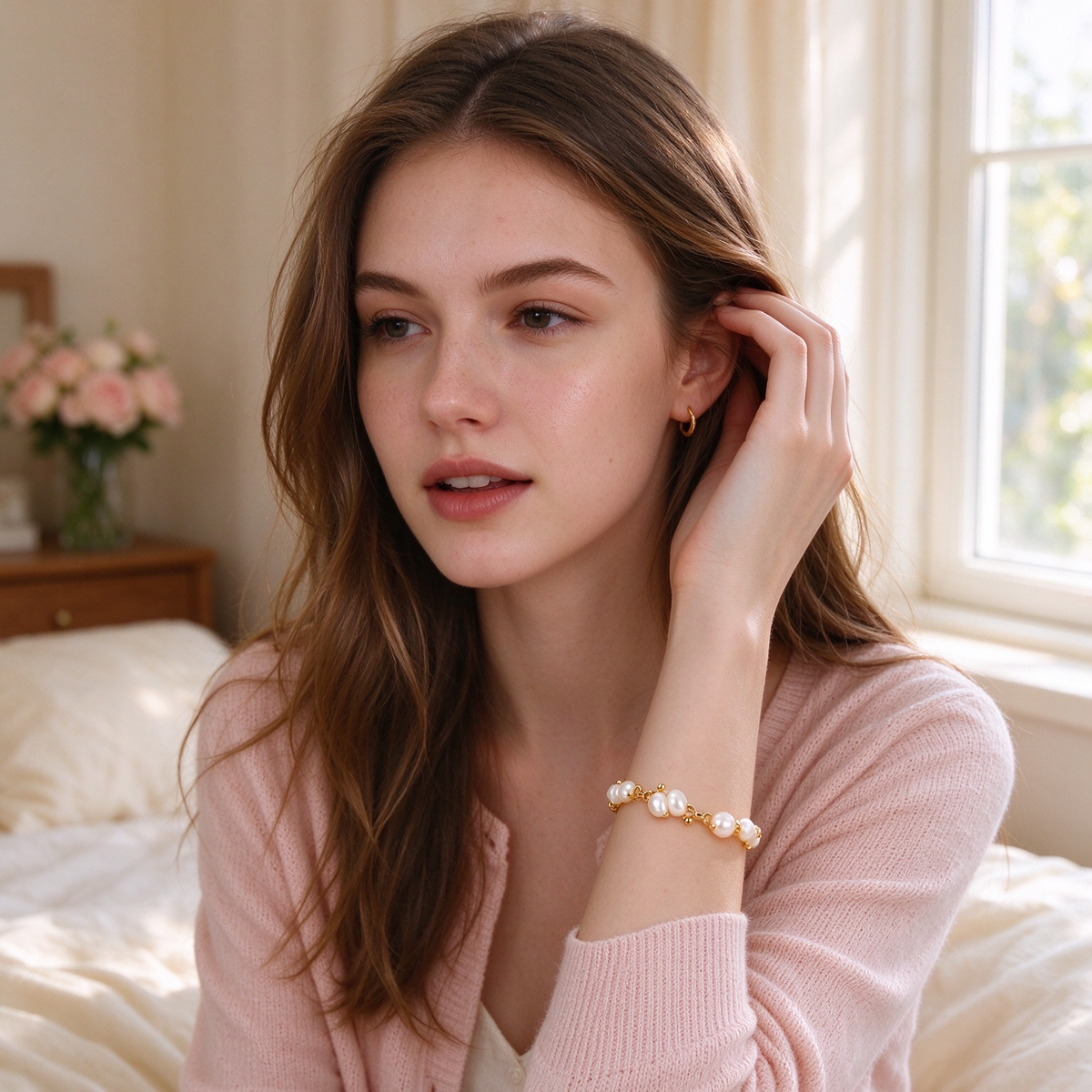 Gold Linked Pearl Open Cuff Bracelet