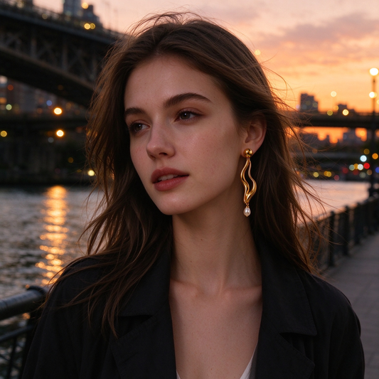Double Wave Gold Baroque Pearl Dangle Earrings