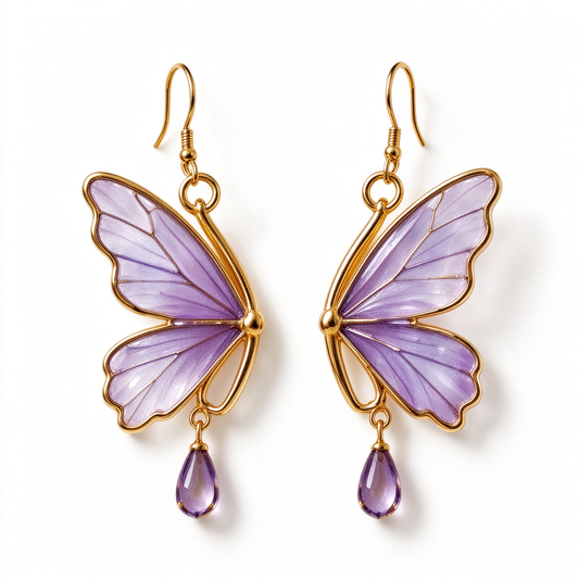 Purple Translucent Butterfly Amethyst Hook Earrings