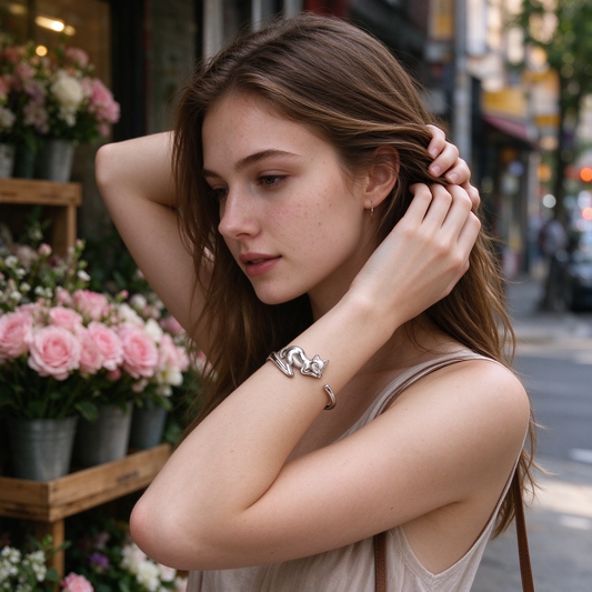 Silver Cat Open Cuff Bracelet