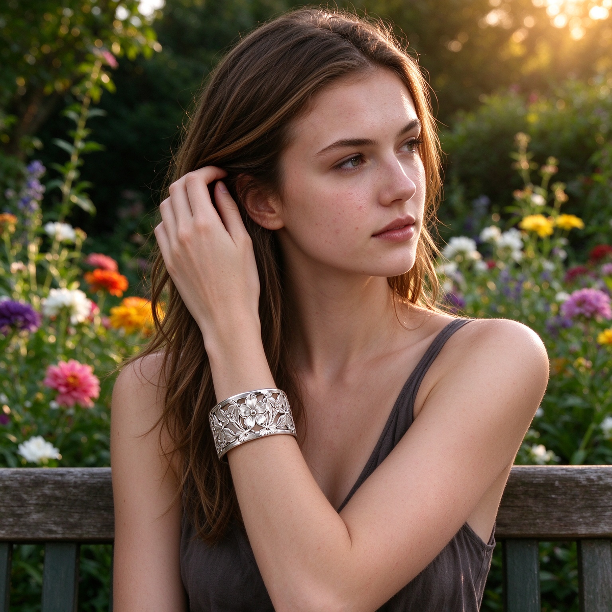 Silver Carved Floral Wide Cuff