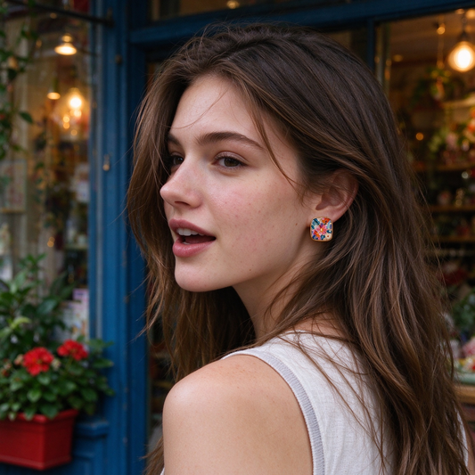 Square Mosaic Floral Stud Earrings