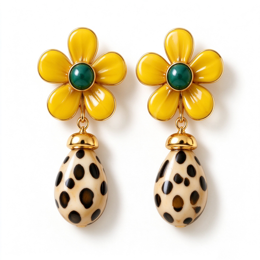 Yellow Flower Leopard Teardrop Drop Earrings