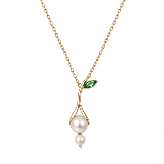 Gold Tulip Stem Emerald Pearl Necklace