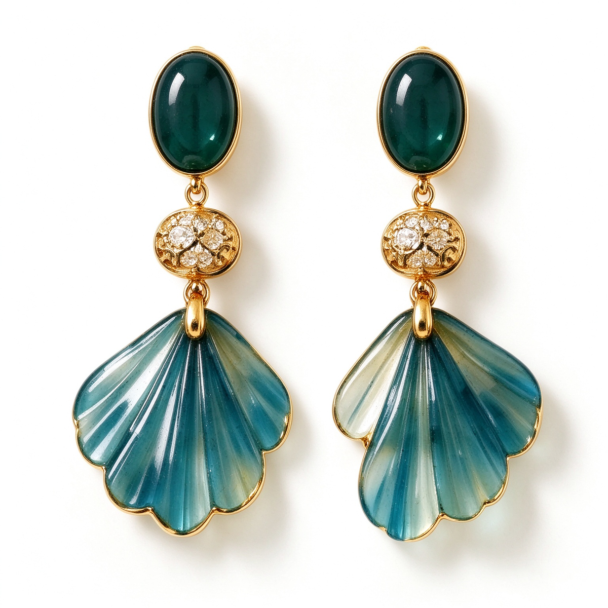 Teal Gem Gradient Shell Crystal Drop Earrings