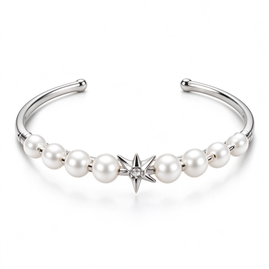 Silver Pearl North Star Cuff Bracelet