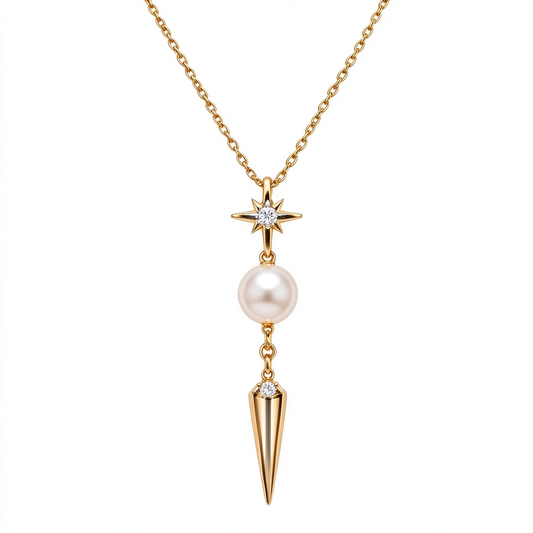 Star Spike Drop Pearl Gold Necklace